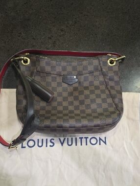Louis Vuitton Damier Ebene Hobo Shoulder Bag in Brown with Red Trim